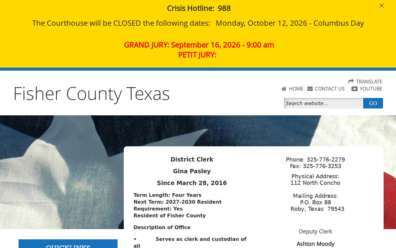Fisher County warrant search source, District Clerk records contact and request link