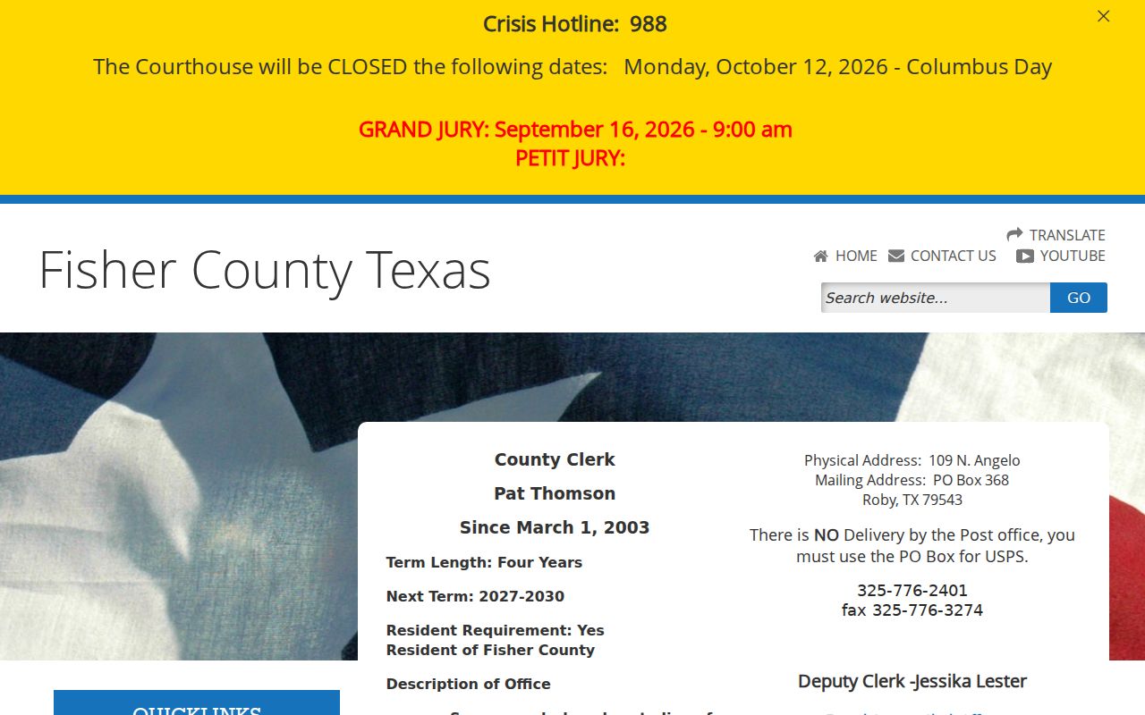Fisher County active warrants reference, County Clerk page and online records scope