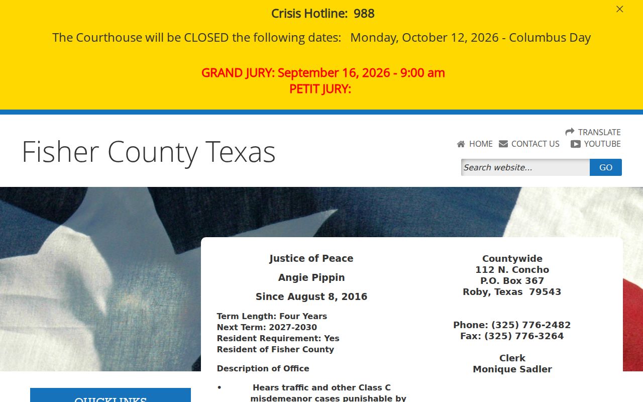 Fisher County traffic warrant reference, Justice of the Peace traffic contact