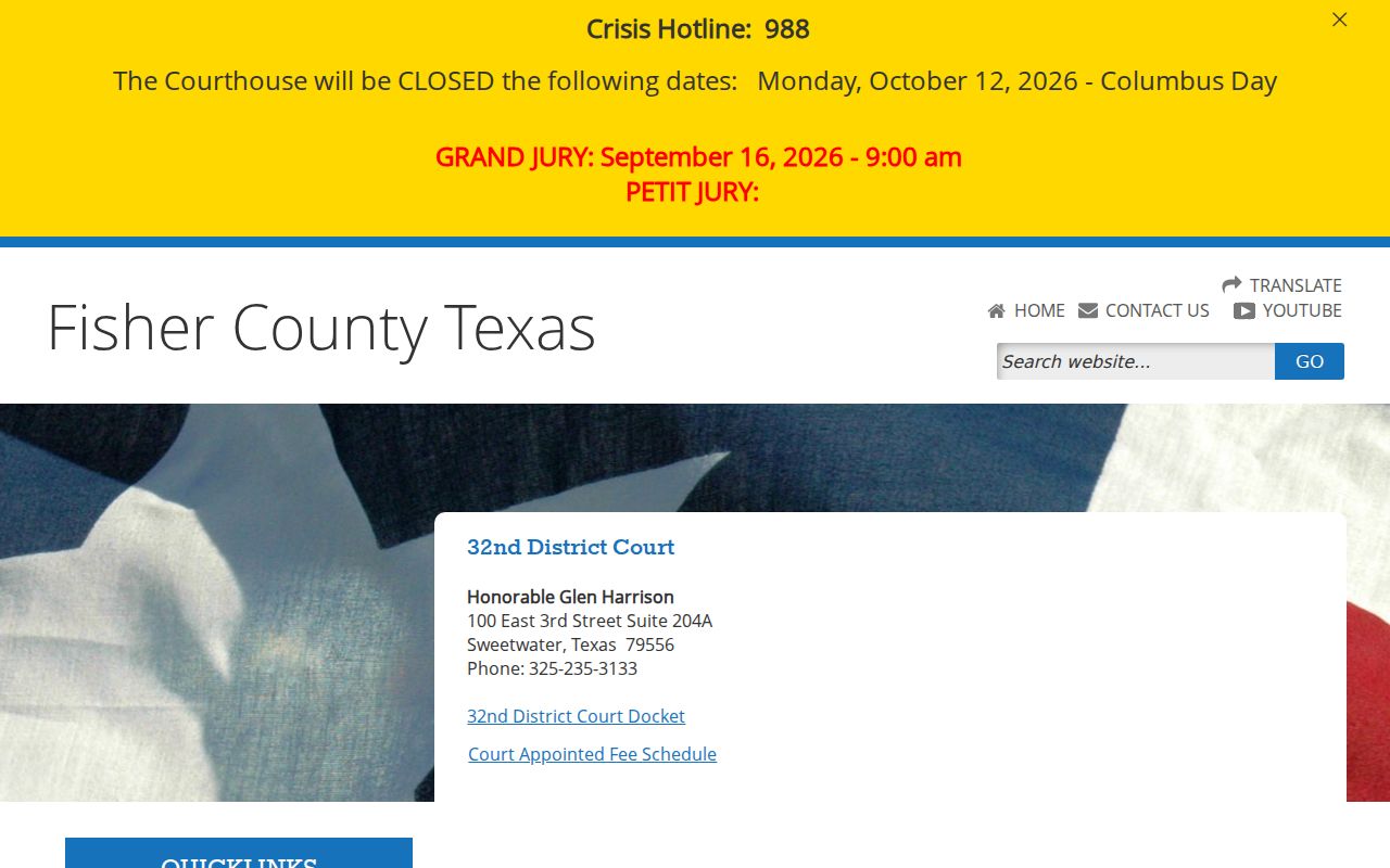 Fisher County bench warrants reference, 32nd District Court contact page