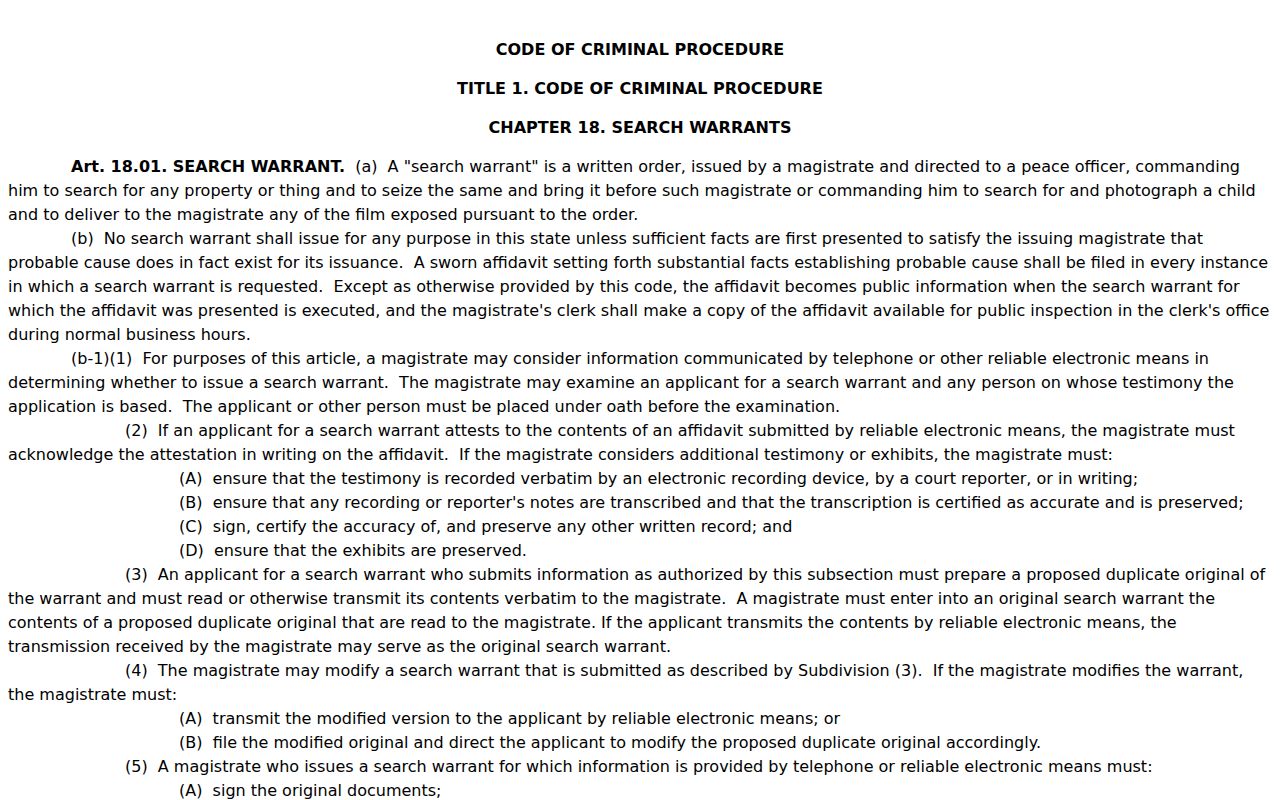 Fisher County arrest warrant reference, Texas search-warrant affidavit access rules