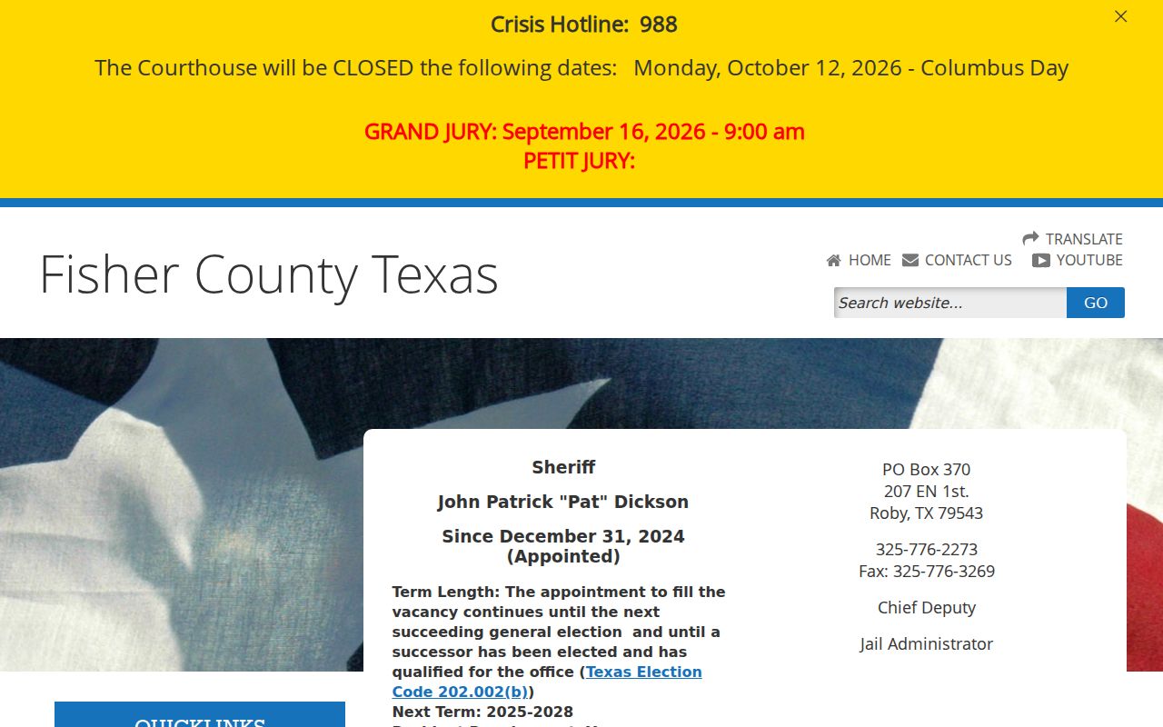 Fisher County warrant records source, official sheriff contact and service duties